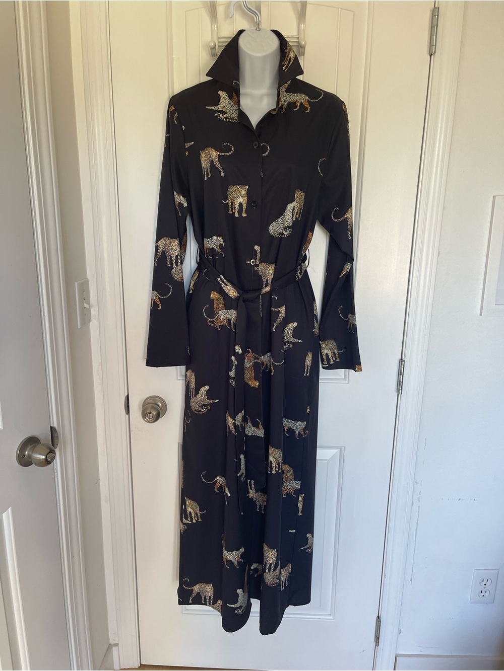 Black Maxi Shirt Dress with Gold Leopard Print and Waist Tie